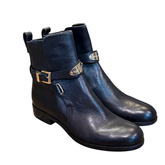 Michael Kors Arley Moto Buckled Ankle Boots Size 6 Black Leather Buckle - Picture 1 of 6